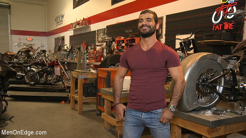 Hot biker gets edged in the motorcycle garage