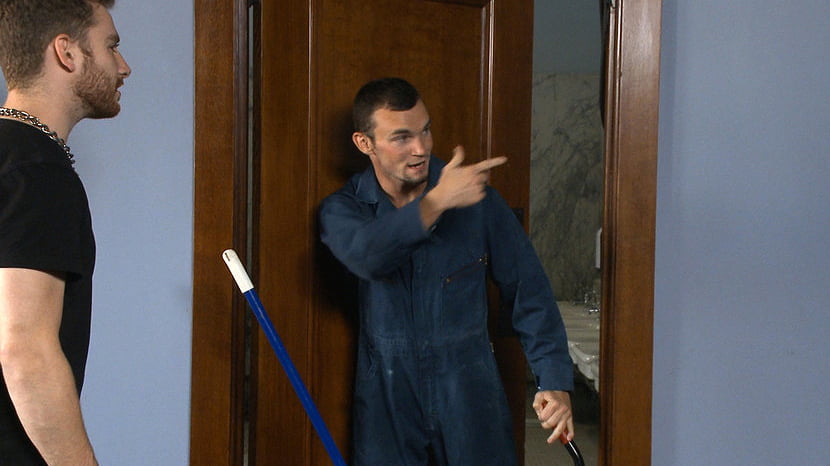 Hot janitor endures relentless edging at an airport restroom