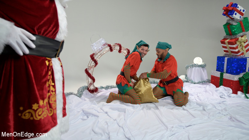 Impish Little Elves: Casey Everett Edged by Santa and his Lil Helper