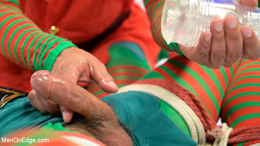 Impish Little Elves: Casey Everett Edged by Santa and his Lil Helper