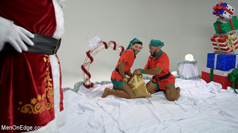 Impish Little Elves: Casey Everett Edged by Santa and his Lil Helper