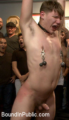 Bound whore gang fucked like an animal in a packed bar