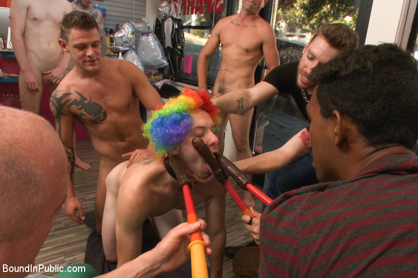 Greedy whore gang banged by horny dudes at a local balloon shop