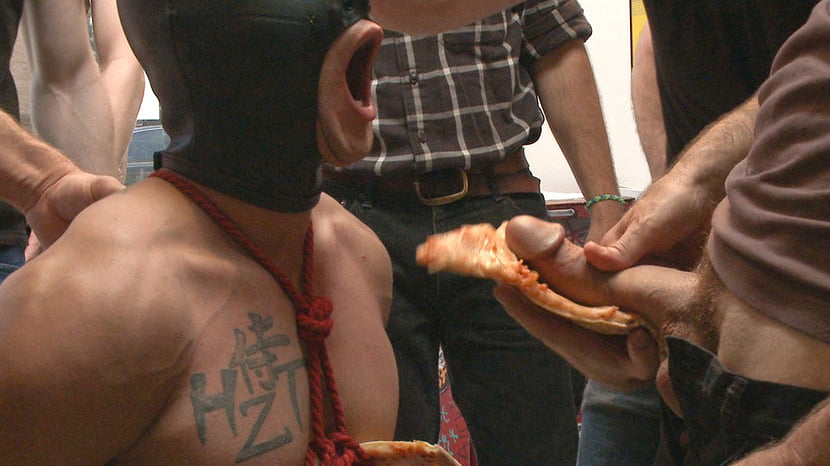 Muscled whore gets publicly fucked and doused with cum
