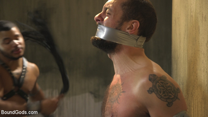 Hairy tape-slave worships Master Kaden's uncut cock