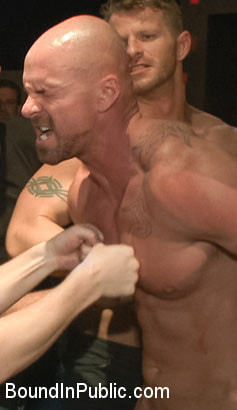 Muscled stud has had enough but the horny crowd says no