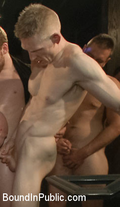 Muscled stud has had enough but the horny crowd says no