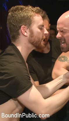 Muscled stud has had enough but the horny crowd says no