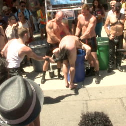 Publicly humiliated, asshole zapped, and covered in strangers' cum