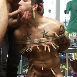 Cocky stud gets gangbanged in a clothing store