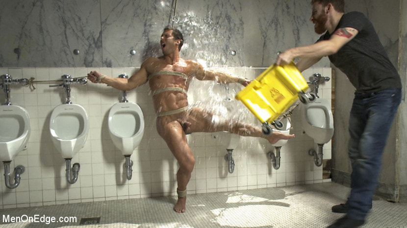 College jock gets a crash course in edging while bound to the urinals