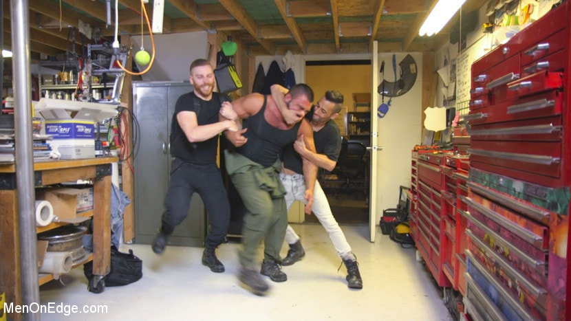Beefy mechanic taken down and edged against his will