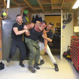 Beefy mechanic taken down and edged against his will